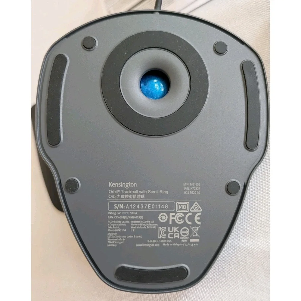 Kensington Orbit Trackball Mouse with Scroll Ring Wired USB Blue Ball K72337